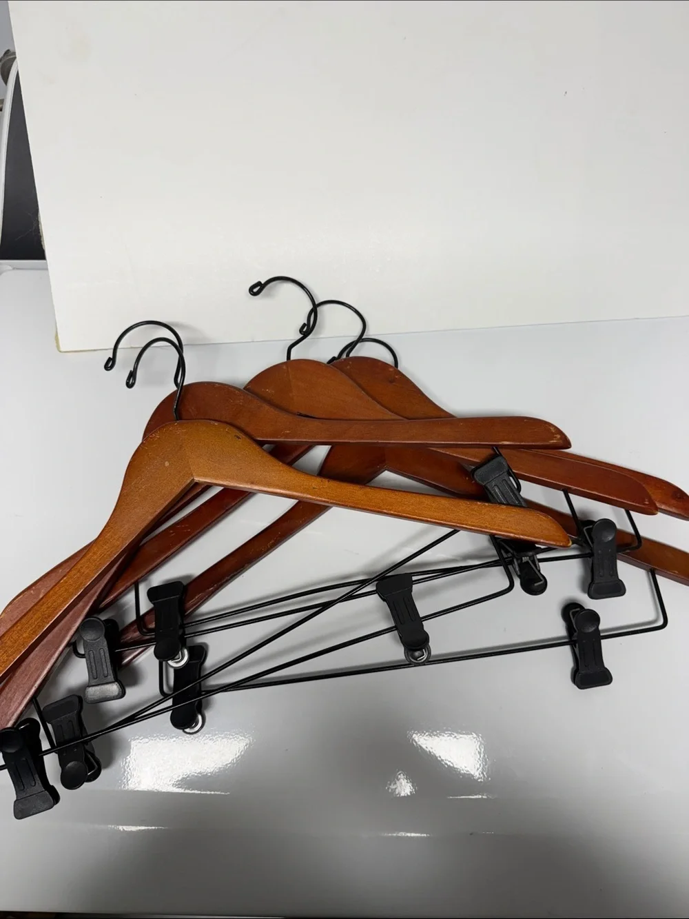 Set of 5 Wooden Clothes Hangers w Clip Attachments - Brown and Black - Pants